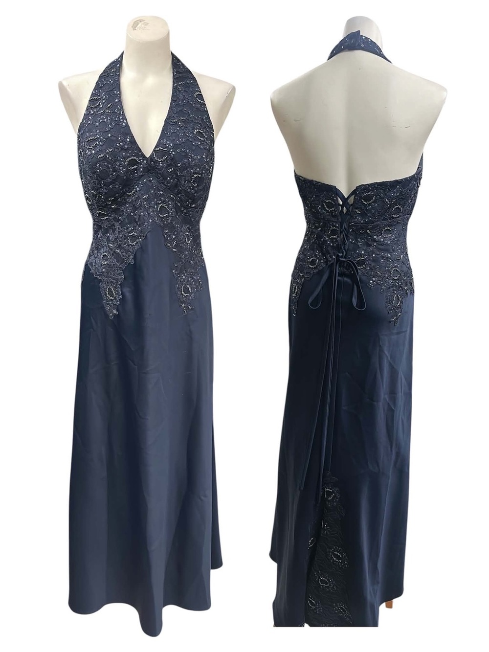 XSCAPE Navy Halter Backless Evening Gown with Lace Appliqué Size L